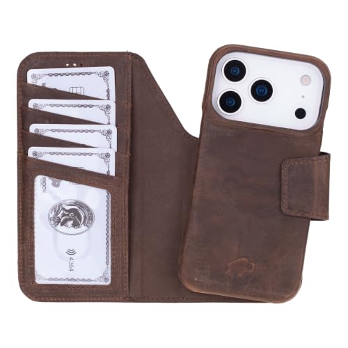 BlackBrook Detachable Leather Wallet Case Compatible with iPhone 17 Pro | Full-grain detachable folio with RFID blocking, 3 card slots, ID window, built-in kickstand, wireless charging, handcrafted. - color: Distressed Coffee, size: iPhone 17 Pro