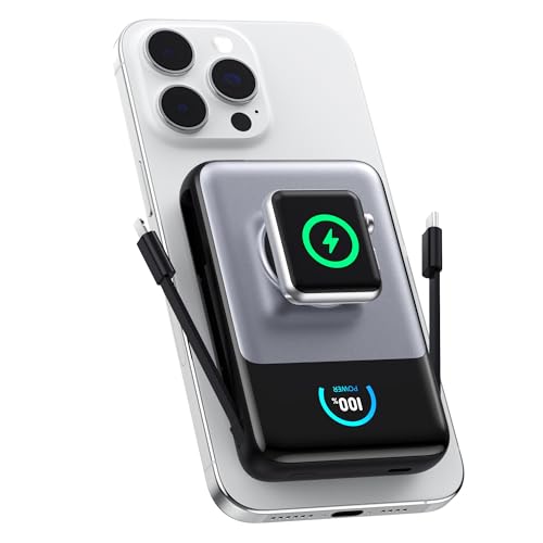 Magnetic Portable Charger 10800mAh with Built-in Cables, 15W Wireless Power Bank for Magsafe,30W PD Fast Charging USB-C Travel Essential Battery Pack for iPhone 17/16/15/14/13/12 Series