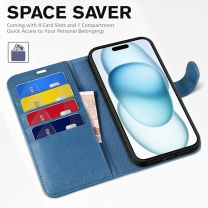 TUCCH Wallet Case for iPhone 15 (6.1") 2023, Flip Stand, Light Blue | RFID Blocking, 4 Card Holders, Kickstand, PU Leather, Shockproof TPU Shell, Magnetic Closure, Protective Folio Cover - color: Light Blue