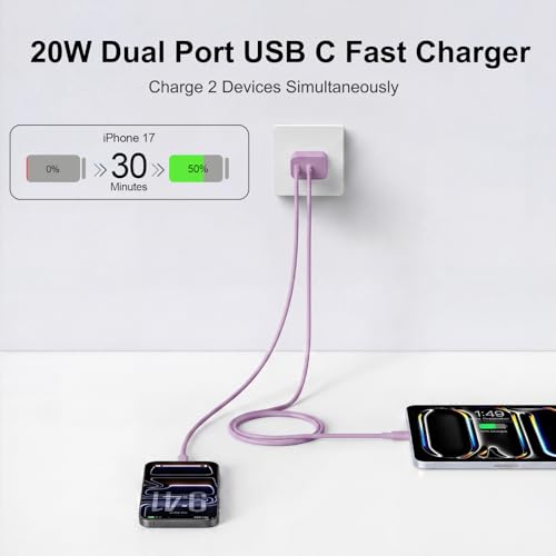 iPhone 18 17 16 15 Charger Fast Charging, 20W Dual Port USB C Charger Block - color: Purple