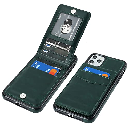KIHUWEY for iPhone 11 Pro Max Wallet Case Card Holder Kickstand, Green | Credit Card Slots, PU Leather, Magnetic Clasp, Flip Heavy Duty Protection Cover for Men and Women - color: Green