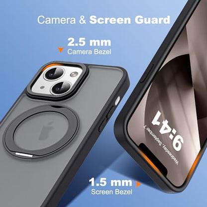 for iPhone 13/14 Case with 360° Spin Magnetic Stand,Black | iPhone 13/14 Phone Case 6.1",Spin Magnetic Ring Stand,Compatible with MagSafe,Military Protection,Translucent Matte - color: Black, size: iPhone 13 & iPhone 14