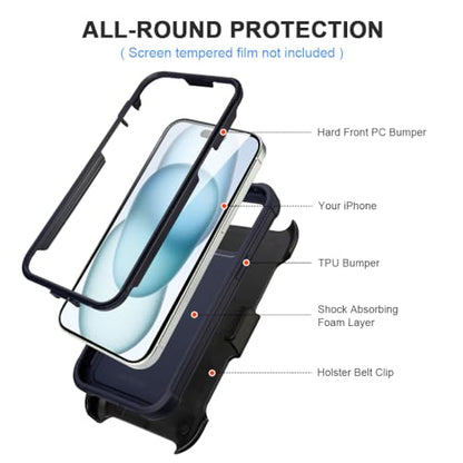 for Defender Case iPhone 13 Phone Case with Belt Clip Heavy Duty Navy Blue | Protective iPhone13 Cases Kickstand Rugged with 2 Layers of Sturdy, Shockproof Phone Cover for iPhone 13 Case Black 6.1 inch - color: Navy Blue
