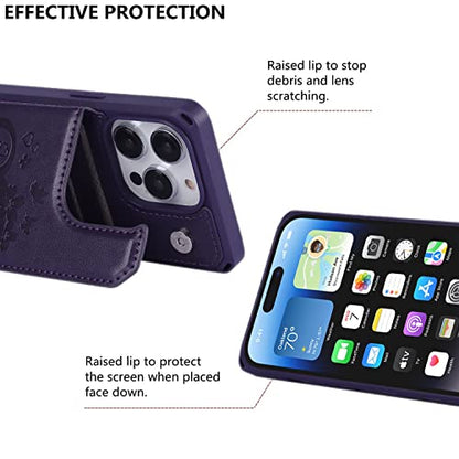 iCoverCase Compatible with iPhone 14 Pro Wallet Phone Case with Card Holder for Women, RFID Blocking Embossed PU Leather Wrist Strap Case 6.1 Inch (Heart Dark Purple) - color: H-Dark Purple