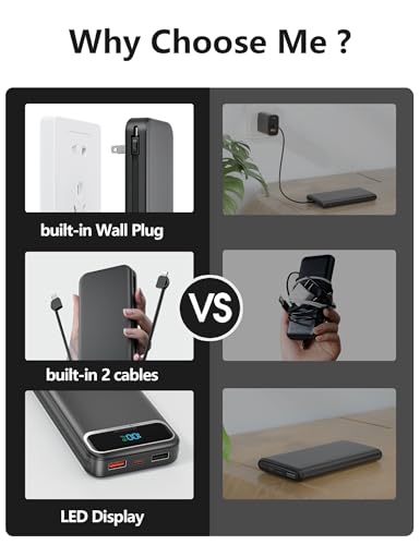 aonidi Portable Charger 12000mAh with Built-in Cables&AC Wall Plug, Black - color: Pitch Black