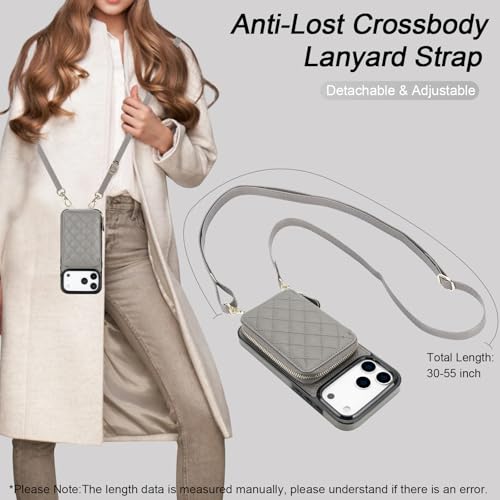 Bocasal Crossbody Wallet Case Card Holder for iPhone 17 Pro Max Grey | RFID Blocking PU Leather Zipper Handbag Purse, Kickstand Flip Folio Case with Card Slots Holder Wrist Strap Lanyard 6.9 Inch - color: Gray