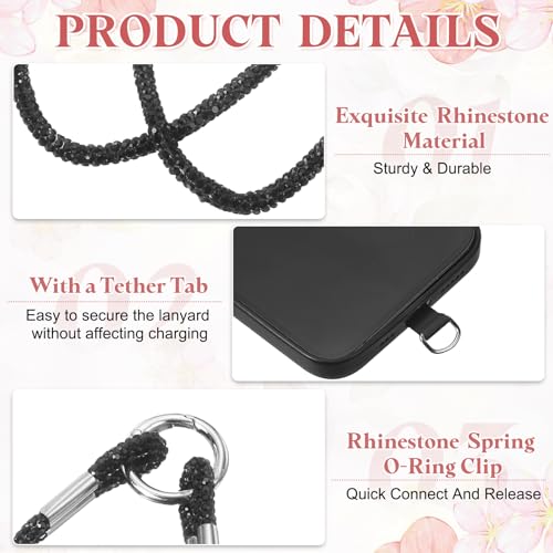 uxcell Phone Lanyard, Phone Wrist Rhinestone Strap Woven Lanyards Anti Theft Wristlet Straps with Tether Tabs - color: Black