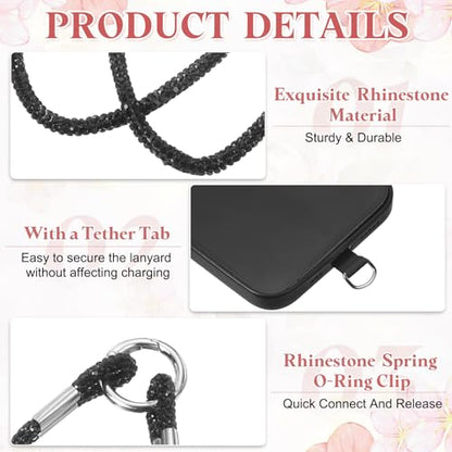 uxcell Phone Lanyard, Phone Wrist Rhinestone Strap Woven Lanyards Anti Theft Wristlet Straps with Tether Tabs - color: Black