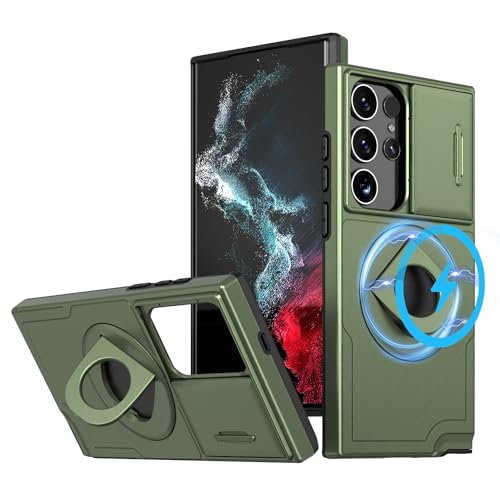 ANNGELAS for Samsung Galaxy S23 Ultra Mag Safe Kickstand Case with Slide Camera Cover,Slim Shockproof Military Heavy Duty Anti Drop Full Body Protection,360 Rotating Stand Magnetic Phone Case(Green) - color: Magnetic Stand Green