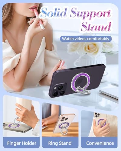 Phone Ring Holder Compatible with MagSafe - Magnetic Cell Phone Grip for Women Cute Magnet Removable Finger Ring Grip Stand Glitter Bling for iPhone 17 16 15 14 13 Pro Max Plus, Purple - color: Purple
