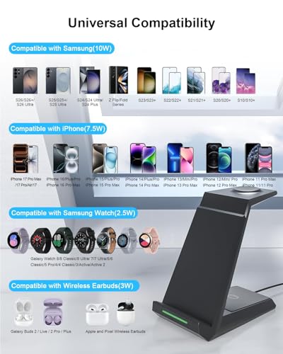 ADADPU 3 in 1 Wireless Charging Station for Samsung Galaxy S26 S25 S24 S23 S22, Charging Stand for Galaxy Watch 8/7/6/5/4/3 (Not for Watch 9/Ultra 2) and Galaxy Buds, 20W Adapter Included - color: Black