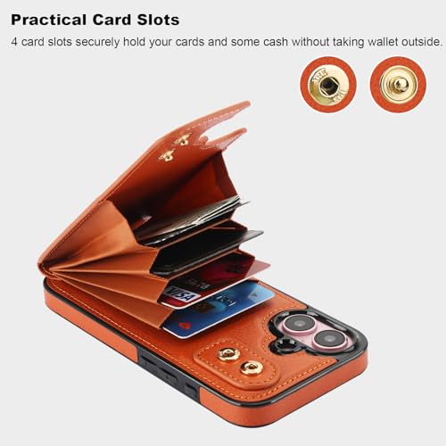 Folosu Compatible with iPhone 16 Case Wallet with Card Holder, 360°Rotation Finger Ring Holder Kickstand, RFID Blocking Leather Protective Double Buttons Shockproof Cover 6.1 Inch Brown - color: Brown