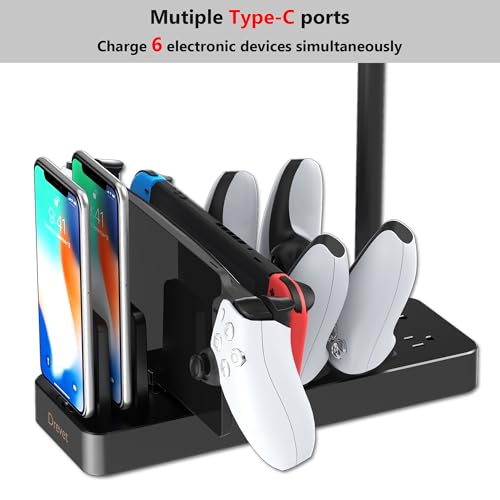 Drevet Charging Station for Multiple Devices, 6 Port USB C Fast Charger Station with 2 AC Outlets and Headset Stand, USB Charging Dock Compatible with Cellphone, Tablet, Kindle, iPhone, iPad and More