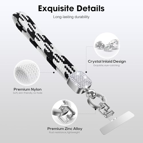 Elastic Phone Lanyard with Phone Tabs, Stretchy Braided Cellphone Wrist Strap and Keys Keychain - color: Thin Black-white