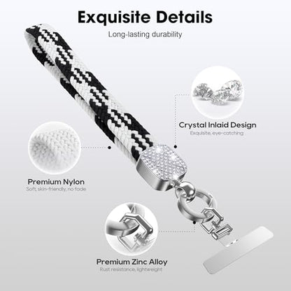 Elastic Phone Lanyard with Phone Tabs, Stretchy Braided Cellphone Wrist Strap and Keys Keychain - color: Thin Black-white