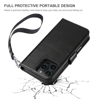 Bocasal Detachable Wallet Case Card Holder for iPhone 16 Pro Max Black | RFID Blocking Kickstand Card Slots Holder PU Leather Magnetic Shockproof Wrist Strap Removable Flip Protective Cover 6.9 inch - color: Black