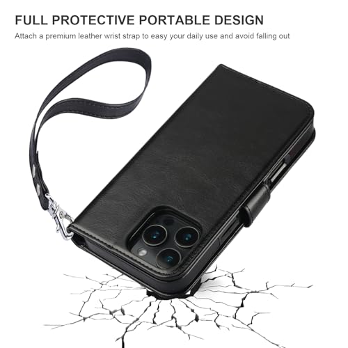 Bocasal Detachable Wallet Case Card Holder for iPhone 16 Pro Max Black | RFID Blocking Kickstand Card Slots Holder PU Leather Magnetic Shockproof Wrist Strap Removable Flip Protective Cover 6.9 inch - color: Black