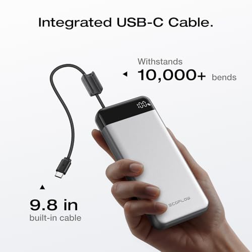 EF ECOFLOW Rapid 20000mAh Power Bank, 45W Max Fast Charging,Portable Phone Charger Built in USB C Cable and USB-C&A Port Digital Display Battery Bank for iPhone 17/16/15 Series, Samsung S23 ipad 11 - color: Sliver