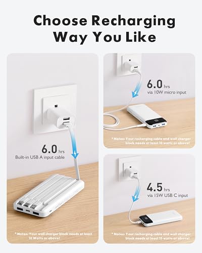 charmast Power Bank Portable Charger with Reinforced Built-in 4 Cables - color: White