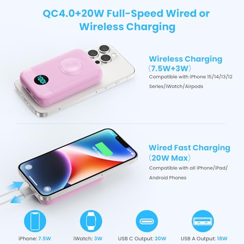 Magnetic Portable Charger for iPhone,10800mAh 25W PD Fast Charging Wireless Power Bank,4 Outputs Travel Essential Battery Pack for Magsafe,iPhone 18 Pro/18 Pro Max/17/16/15/14/13/12,Apple Watch,Pink - color: Pink