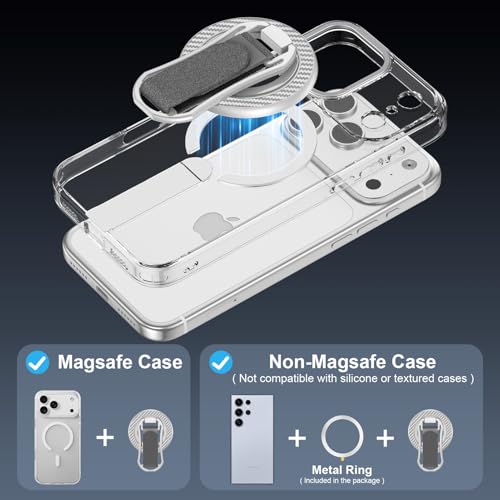 Magnetic Phone Ring for Magsafe iPhone 17 Ring Grip Stand with Soft Strap - color: Sliver+Grey