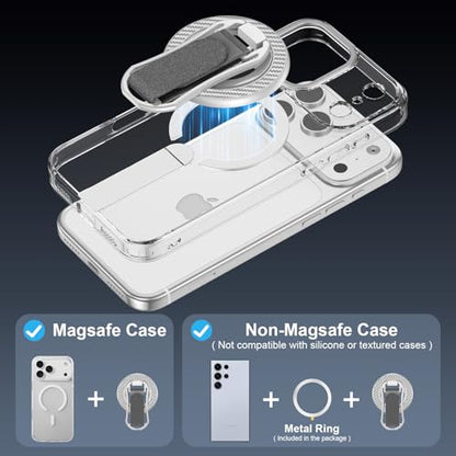 Magnetic Phone Ring for Magsafe iPhone 17 Ring Grip Stand with Soft Strap - color: Sliver+Grey