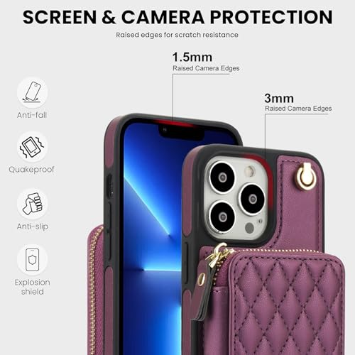 Phone Case for iPhone 14 Pro 6.1 inch Wallet Cell Cover with Tempered Glass Screen Protector Wrist Strap RFID Blocking Card Holder iPhone14Pro 5G i i-Phone i14 iPhone14 4 14Pro Women Girls Dark Purple - color: Dark Purple