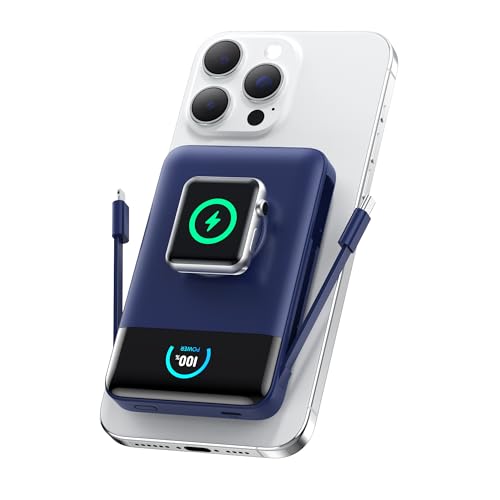 Ekrist Magnetic Portable Charger 10800mAh for MagSafe with Built-in Cable,iWatch Charger,Wireless Power Bank Travel Essentials,25W Fast Charging Battery Pack for iPhone 17/16/15/14,Apple Watch(Blue) - color: Blue