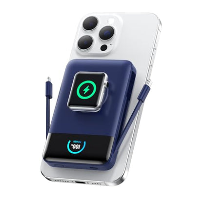 Ekrist Magnetic Portable Charger 10800mAh for MagSafe with Built-in Cable,iWatch Charger,Wireless Power Bank Travel Essentials,25W Fast Charging Battery Pack for iPhone 17/16/15/14,Apple Watch(Blue) - color: Blue