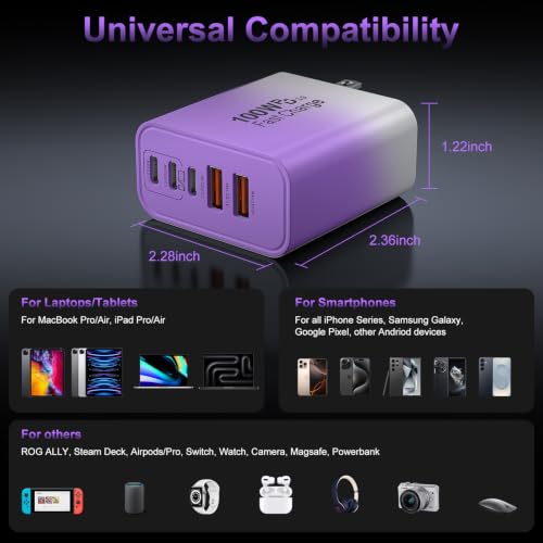 USB C Super Fast Charger Block, 100W USBC Charging Block Wall Plug Adapter - color: Gradient Purple+Blue