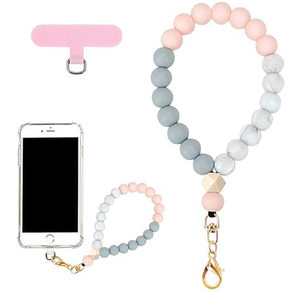 VICHUNHO Marble Silicone Beaded Phone Wrist Strap, Cellphone Lanyard with Tether Tab, Elastic Hands-Free Wristlet Bracelet - color: Pink