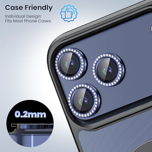 Compatible for iPhone 17 Pro / 17 Pro Max Camera Lens Protector, Explosion-Proof 9H Tempered Glass with Metal Diamond Ring, HD Anti-Scratch Lens Protection Decoration Accessories (Blue)