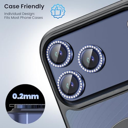 Compatible for iPhone 17 Pro / 17 Pro Max Camera Lens Protector, Explosion-Proof 9H Tempered Glass with Metal Diamond Ring, HD Anti-Scratch Lens Protection Decoration Accessories (Blue)