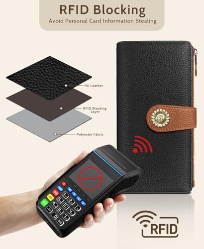GIANCOMICS Black Caramel Womens Wallet RFID, Long Credit Card Holder Bifold | Billfold, Cute Cash Purse, Travel Zipper Coin Pocket, Compact Clutch, PU Leather, ID Window, 11 Card Slots, Ladies Gift Woman - color: A Black and Pumpkin