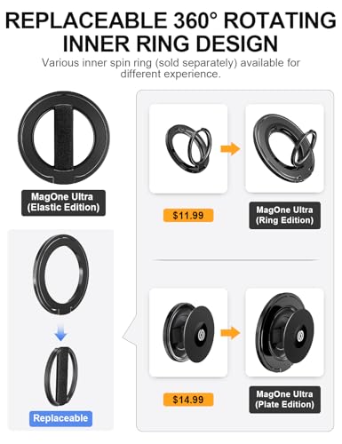 EWA MagOne Ultra for Magsafe Phone Grip Kickstand [Replaceable Elastic Finger Loop], Mag Safe Ring Holder Stand, Two-Sided Magnetic Phone Accessories for iPhone 17,16,15,14,13,12 Pro/Max/Plus-Black - color: Black