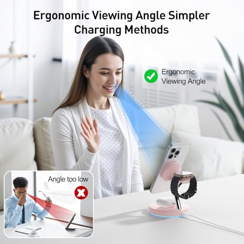 3 in 1 Mag-Safe Wireless Charger Stand for iPhone Apple Watch AirPods - color: Pink