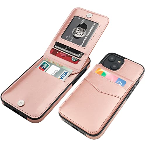 KIHUWEY for iPhone 14 Wallet Case Card Holder Kickstand, Rose Gold - color: Rose Gold