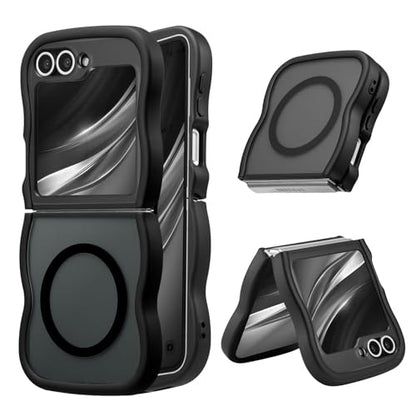 UEEBAI Magnetic for Samsung Galaxy Z Flip 5/Z Flip 6/7 FE Case, Compatible with MagSafe, Transparent Clear Wave Frame Design Soft Edge Cover Matte Shockproof Phone Case- Black - color: Black, size: Samsung Z Flip 7 FE/Z Flip 6/Z Flip 5 5G