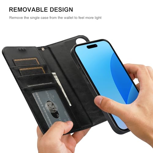 Bocasal Detachable Wallet Case Card Holder for iPhone 16 Plus, Black | RFID Blocking Kickstand Card Slots Holder PU Leather Magnetic Shockproof Wrist Strap Removable Flip Protective Cover 6.7 inch - color: Black
