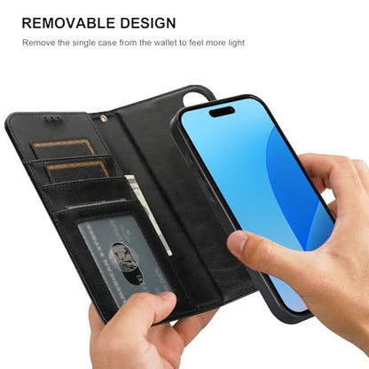 Bocasal Detachable Wallet Case Card Holder for iPhone 16 Plus, Black | RFID Blocking Kickstand Card Slots Holder PU Leather Magnetic Shockproof Wrist Strap Removable Flip Protective Cover 6.7 inch - color: Black