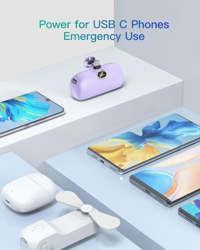 Kuulaa Portable Charger USB C with Built-in USB-C Plug, 5000mAh PD20W Fast Charging Power Bank, LCD Digital Display Battery Pack for iPhone 15/16/17,Samsung S22/S23 & Android (Purple) - color: Purple