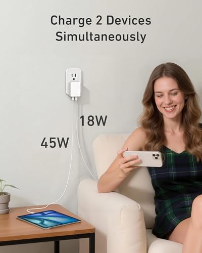 Nekmit USB C Charger, 65W Slim Fast Wall Charger Foldable for Travel, Thin Flat Dual Port with PD 3.0 & GaN Tech for Laptops, MacBook, iPad Pro, iPhone 17/17 Pro / 17 Pro Max, Pixel, Galaxy