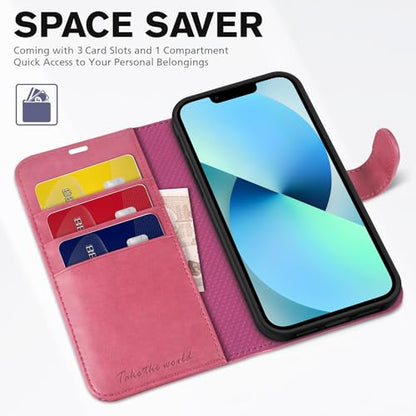 TUCCH Case Wallet for iPhone 13 (6.1") 2021, RFID Blocking Folio, Hot Pink | 3 Card Holders, Kickstand, PU Leather, Magnetic Closure, Shockproof TPU Shell, Protective Flip Cover - color: Hot Pink