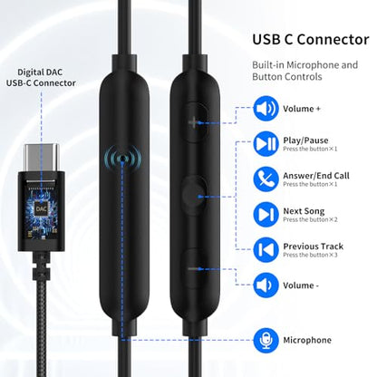 ACANDYA USB C Headphones with Mic in-Ear Wired Earbuds for Work Calls Black