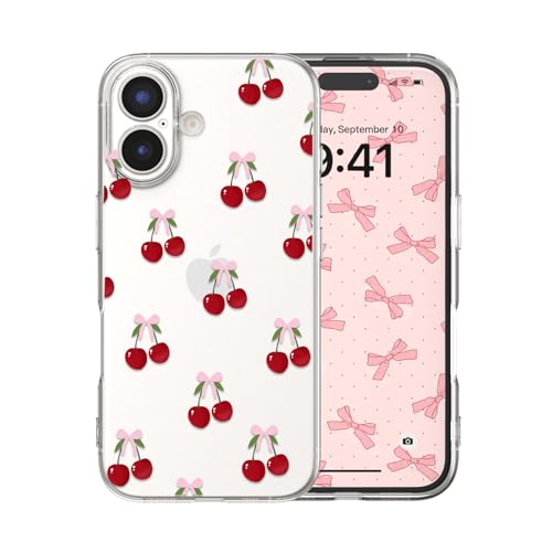 for iPhone 16 Plus Case, Big Cherries | Cute Bow Cherry Aesthetic Clear Ribbon Pattern Women Girls, Girly Transparent Soft Slim TPU Shockproof Protective Cover - color: Big Cherries, size: for iPhone 16 Pro