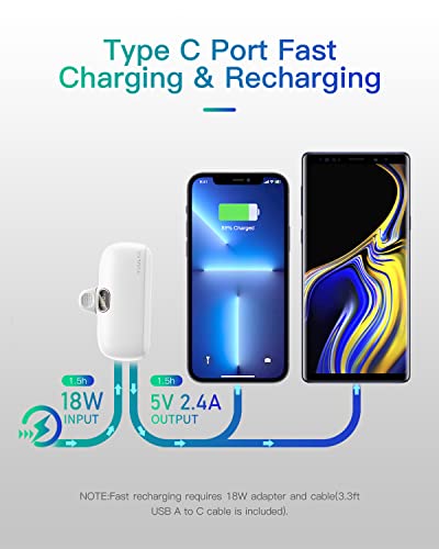 Kuulaa Small Portable Charger iPhone with Built-in Lightning Cable 5000mAh Power Bank Fast Charging for iPhone 14/13/13 Pro/12/12 Pro/11/XR/XS/X/8/7/6, White - color: White