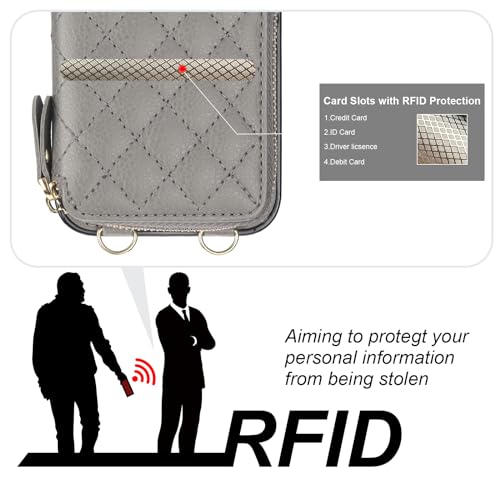 Bocasal Crossbody Wallet Case Card Holder for iPhone 13, Grey | RFID Blocking PU Leather Zipper Handbag Purse, Kickstand Flip Folio Case with Card Slots Holder Wrist Strap Lanyard 6.1 Inch - color: Gray