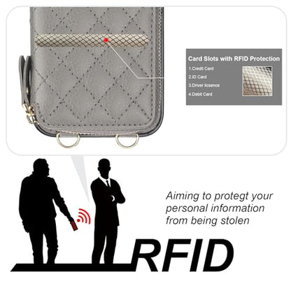 Bocasal Crossbody Wallet Case Card Holder for iPhone 13, Grey | RFID Blocking PU Leather Zipper Handbag Purse, Kickstand Flip Folio Case with Card Slots Holder Wrist Strap Lanyard 6.1 Inch - color: Gray