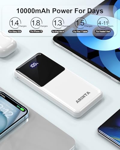 Power Bank Portable Charger 10000mAh PD 22.5W, Slim Battery Pack with LED Display & USB-C Input/Output, Compatible for Smartphones, Tablets,Travel Essentials. (White) - color: White