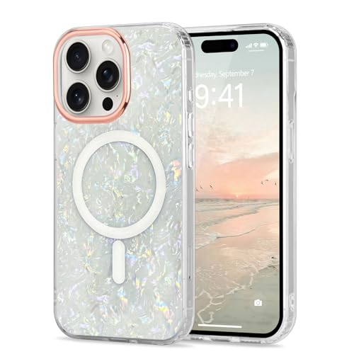 for iPhone 14 Pro Cute Girly Women Case Sparkle Seashell,White | Compatible with Magsafe Slim Colorful Sparkle Seashell Pattern Translucent Cover Soft TPU Protective Magnetic Bumper Case - color: White, size: iPhone 14 Pro